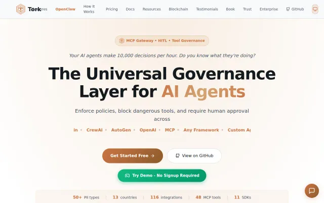 Tork – Open-source AI governance layer, 11 SDKs& 116 framework adapters