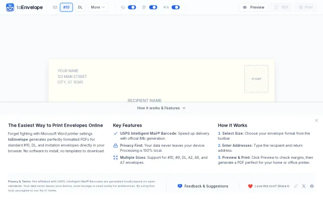 ToEnvelope – A local-first, WYSIWYG envelope printer for the browser