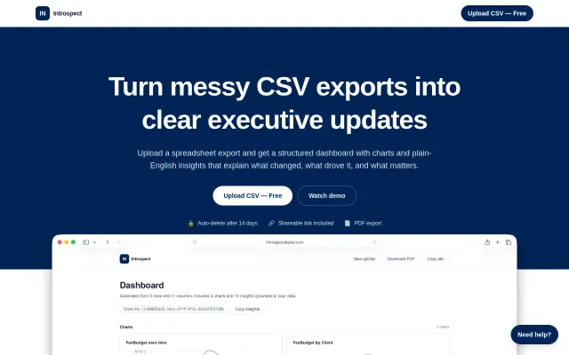 Introspect – messy CSV exports into shareable dashboards (no signup)