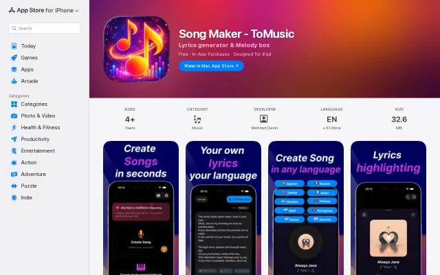 ToMusic – Turn text prompts into original songs with AI (iOS)
