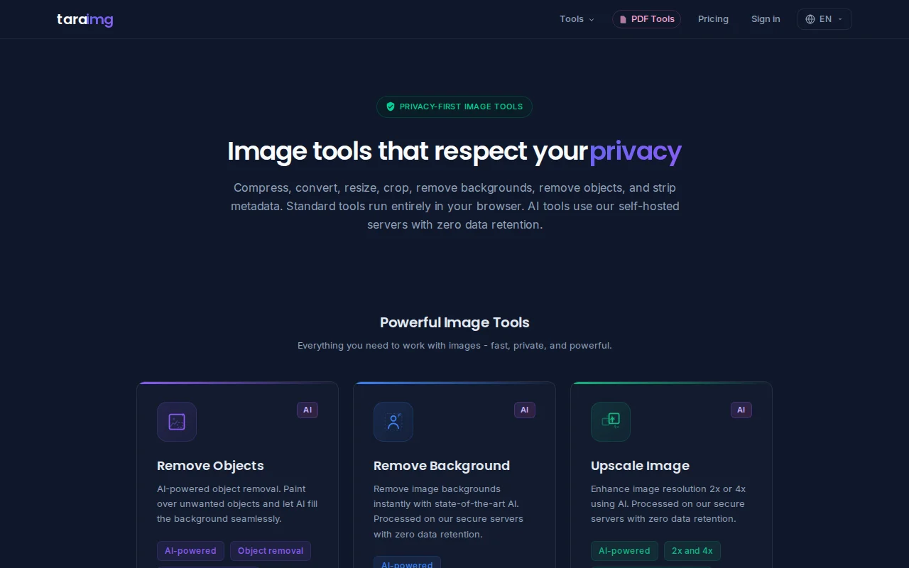 Image toolkit - files stay in your browser, AI runs on our own server