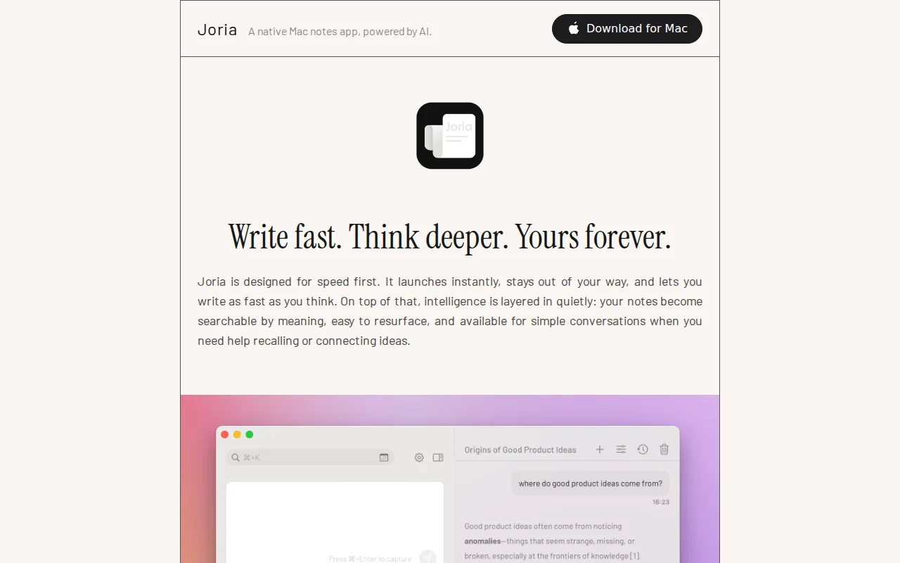 Joria – a native Mac notes app for instant capture and semantic recall