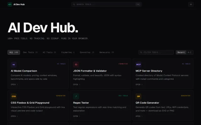 AI Dev Hub. 75 free AI and dev tools