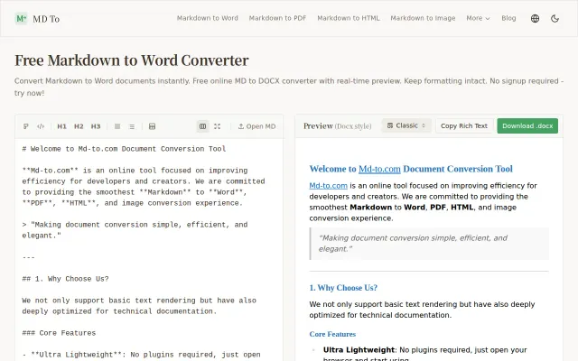 MD To – Convert Markdown to Word without the bloat
