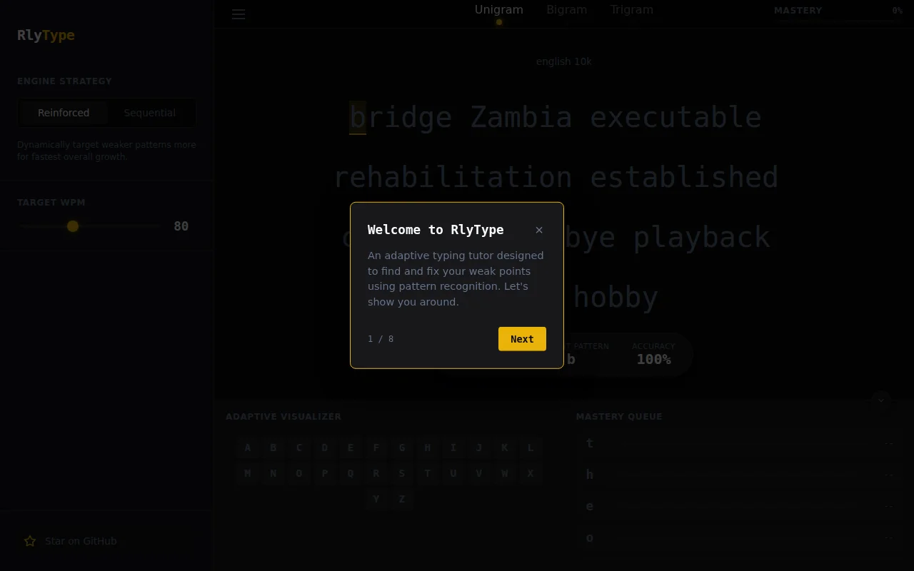 Rlytype – open-source typing tutor for fixing slow patterns(uni,bi,tri)