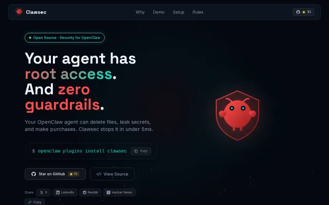 Clawsec - Open-source plugin for OpenClaw that blocks dangerous actions