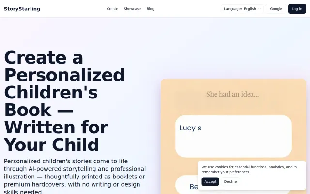 Custom illustrated kids' book, generated and printed (StoryStarling)