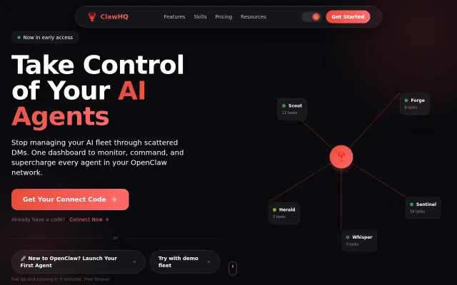 ClawHQ – Fleet management dashboard and skill marketplace for AI agents