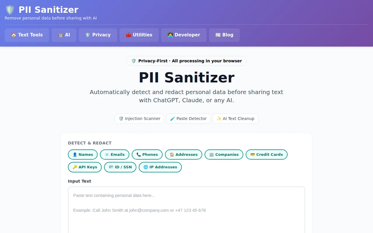 FunWithText – Free browser PII sanitizer and prompt injection scanner