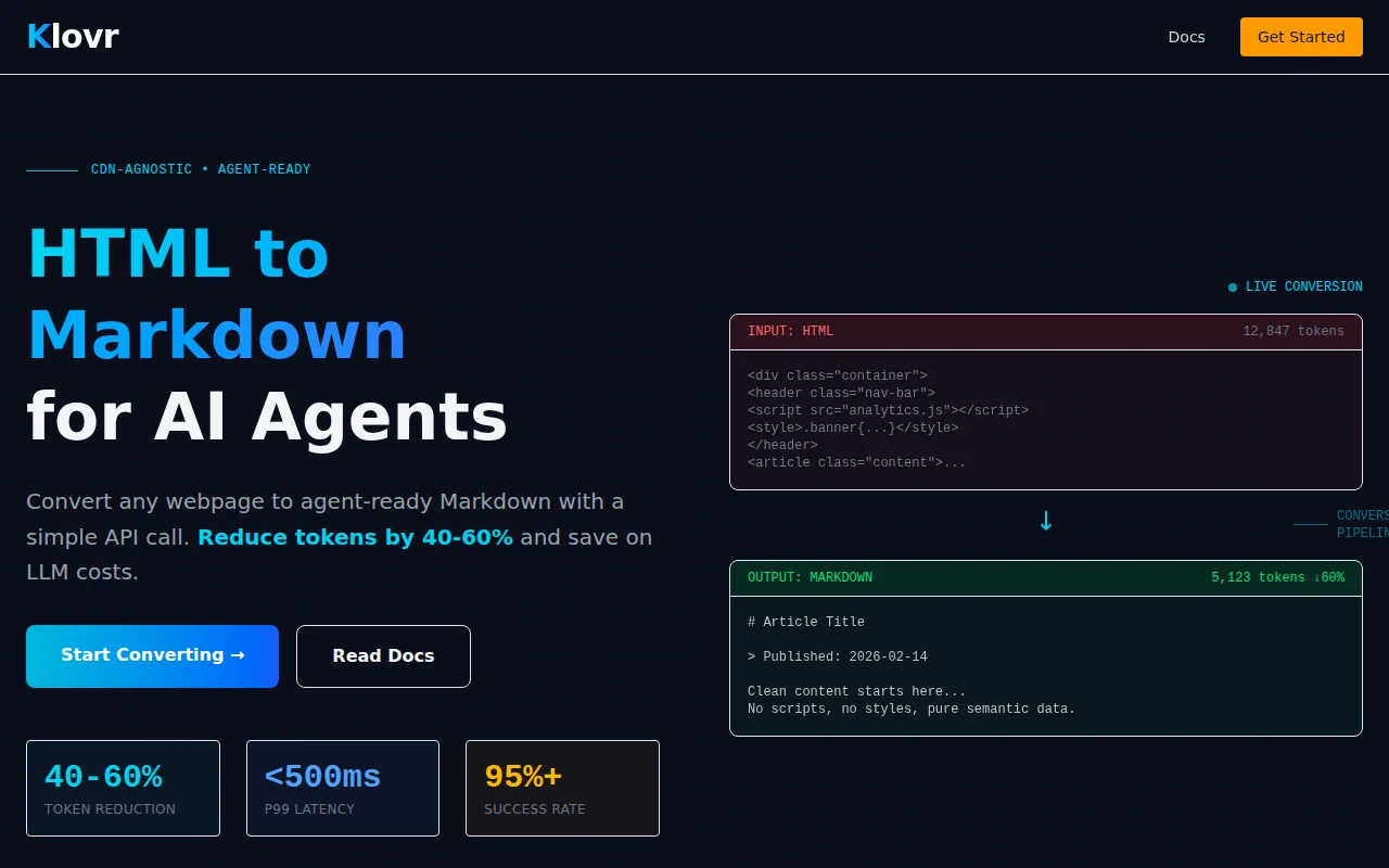 Klovr – Convert any webpage to Markdown (Cloudflare covers only 5%)