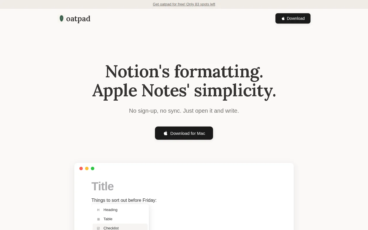 Oatpad – a simple local-only notes app for Mac, built with Tauri
