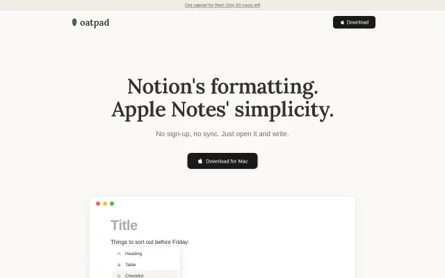 Oatpad – a simple local-only notes app for Mac, built with Tauri