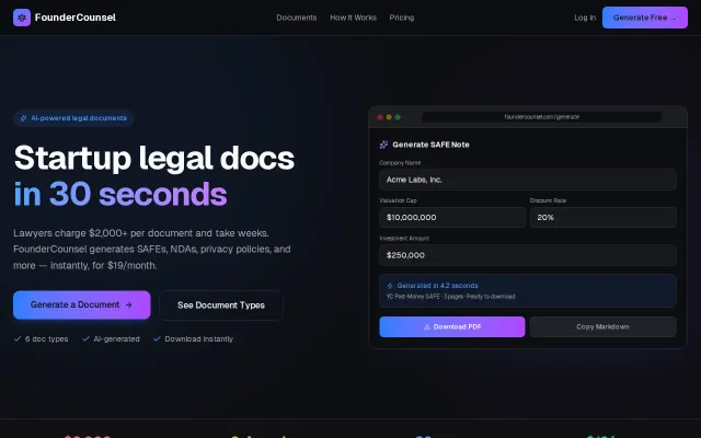 FounderCounsel – AI-generated startup legal docs in 2 minutes