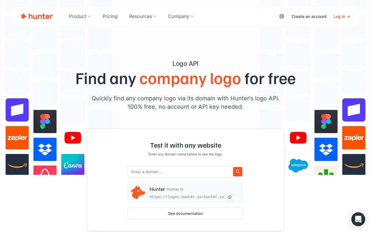 Hunter Logo API free replacement of Clearbit