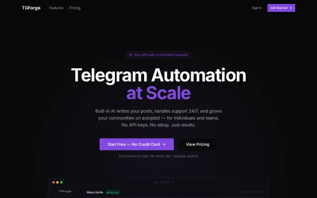 TGForge – Telegram automation SaaS for managing channels and groups