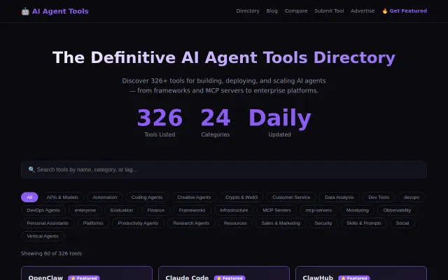 AI Agent Tools Directory – 316 tools for building AI agents
