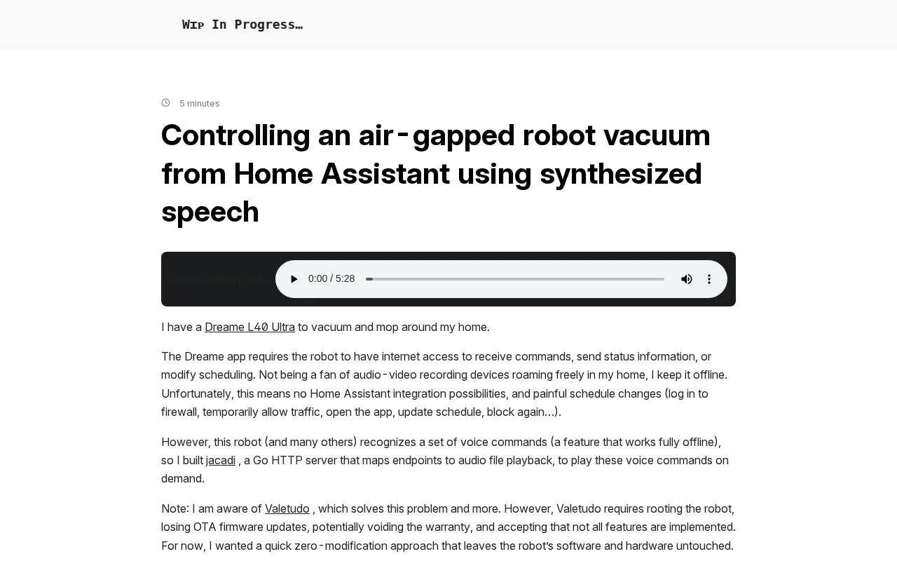 Controlling an air-gapped vacuum from Home Assistant via text to speech