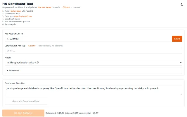 Visualize sentiment of Hacker News comment threads