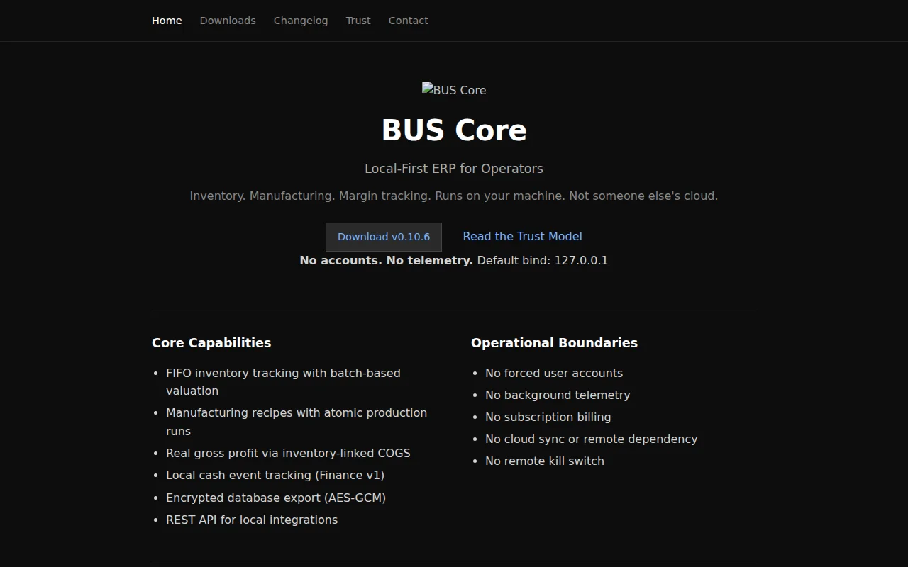 Bus Core – local-first inventory and audit trail for makers