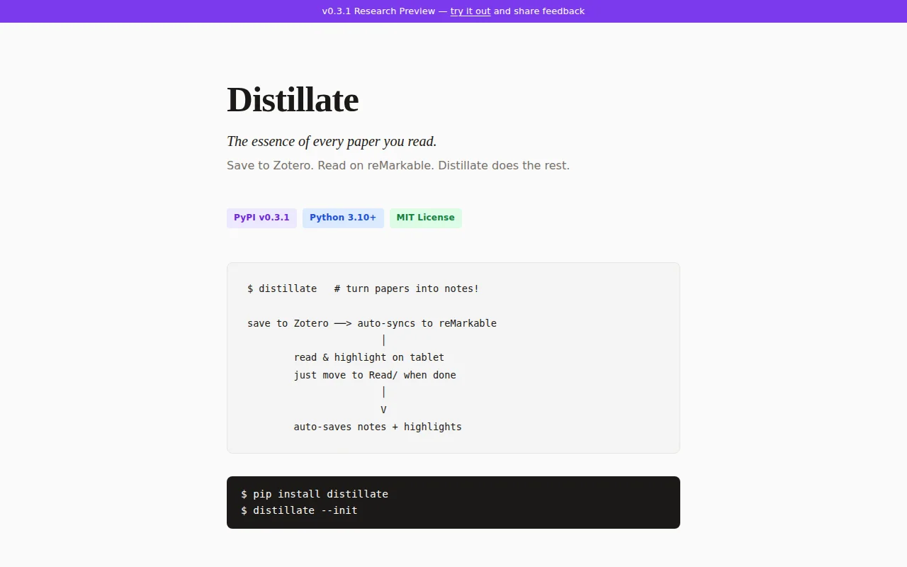 Distillate – Zotero papers → reMarkable highlights → Obsidian notes