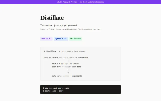 Distillate – Zotero papers → reMarkable highlights → Obsidian notes