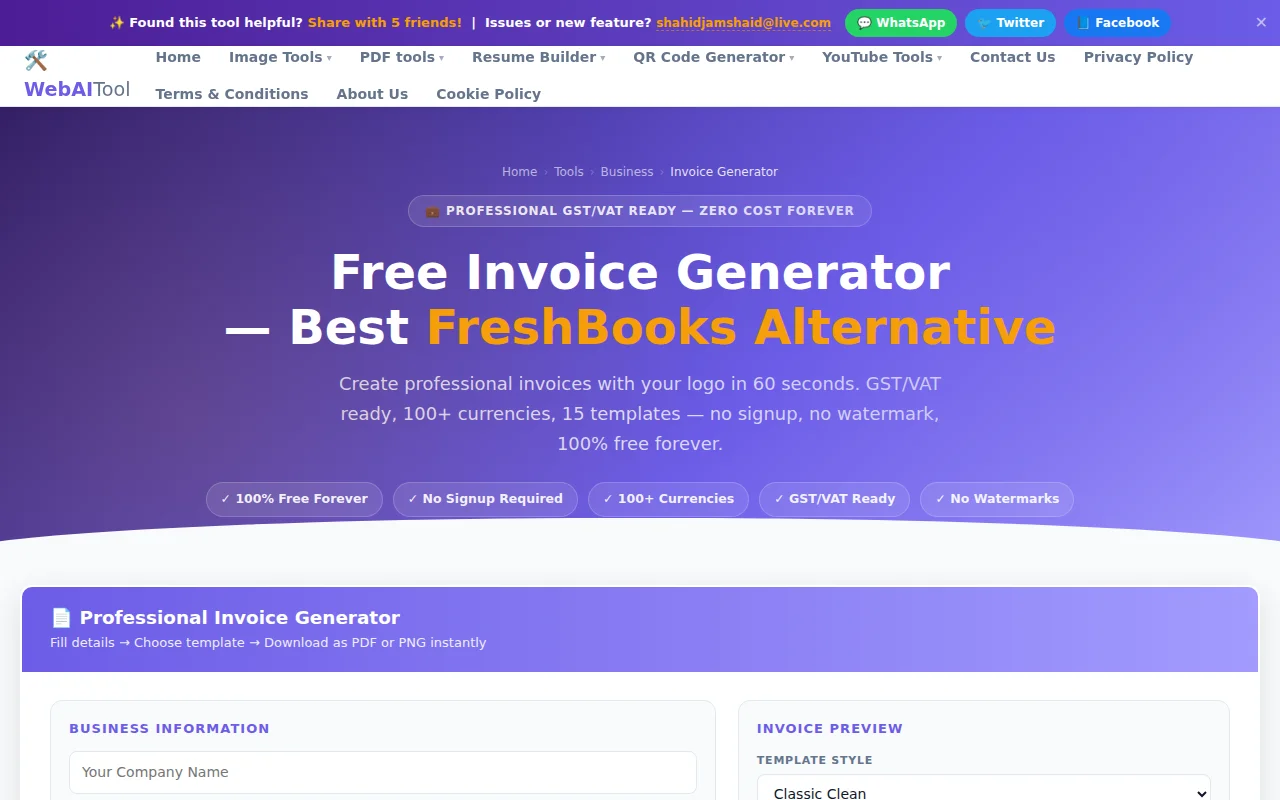 A 100% client-side invoice generator with no signup and no database