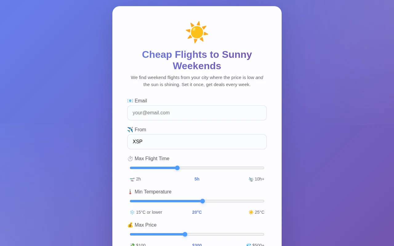 SunnyFlight – Find cheap weekend flights to sunny destinations