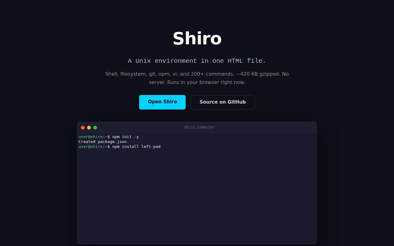 A Unix environment in a single HTML file (420 KB)