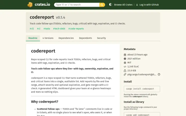 Codereport – track TODOs, refactors, and bugs in your repo with a CLI