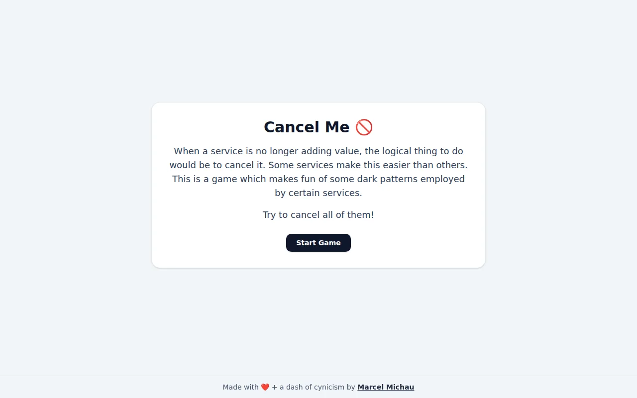 Cancel Me – A browser game which parodies dark cancellation patterns