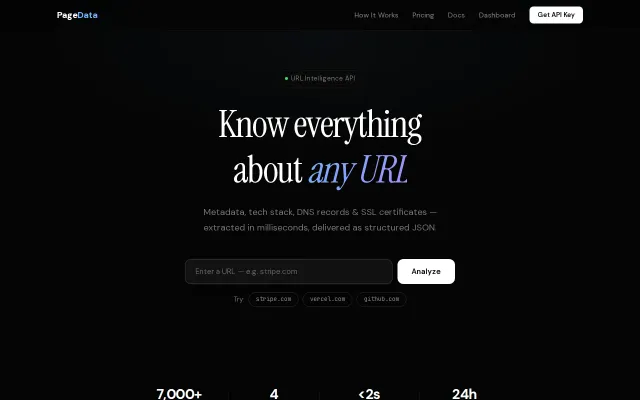 PageData – URL intelligence API:metadata, tech stack, DNS, SSL one call