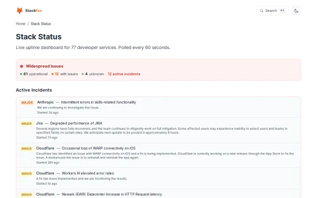 Stack Status – Tracking outages across the internet's underlying stack