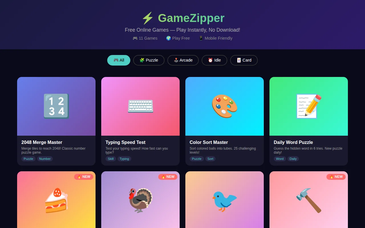 GameZipper – 12 Free HTML5 Browser Games (No Ads, No Login)