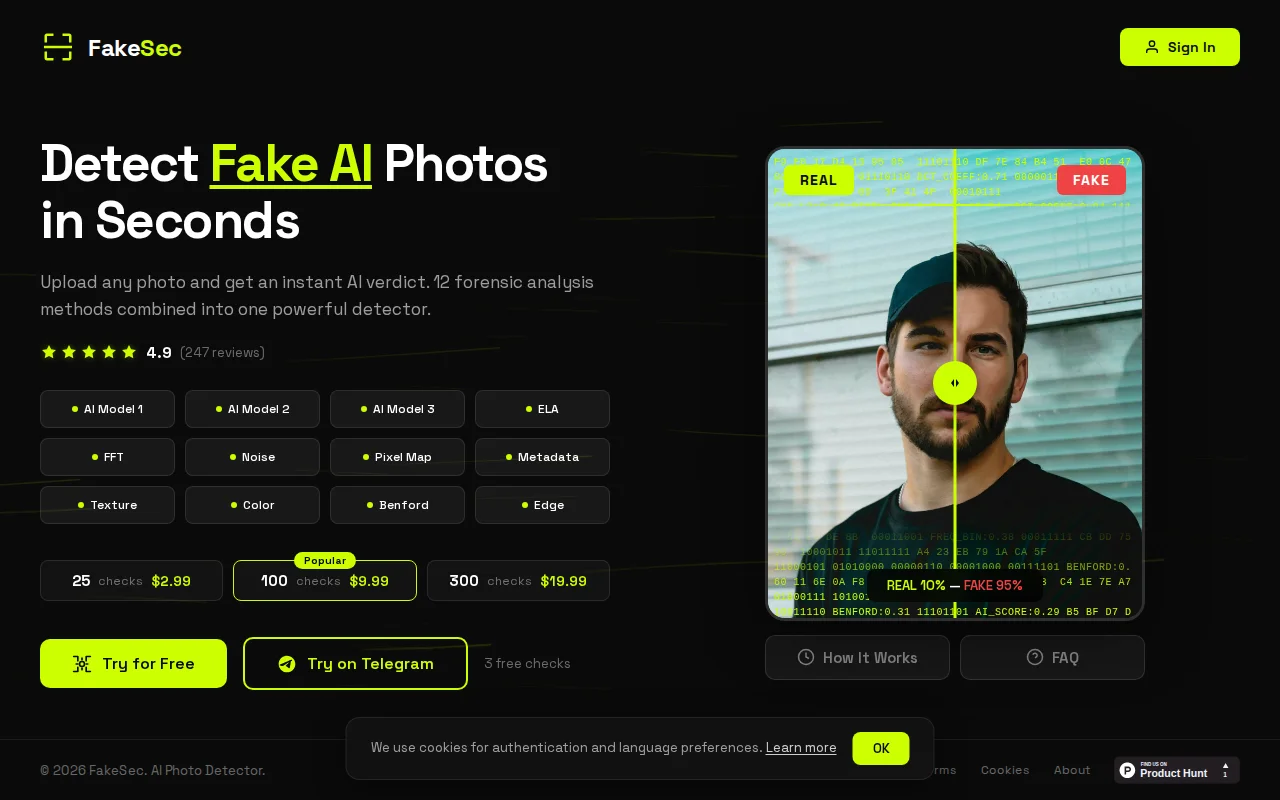 FakeSec – AI photo detector with 12 independent analysis methods