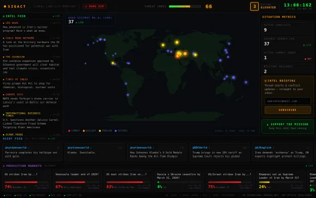 Real-time global conflict monitor with nuclear impact simulator