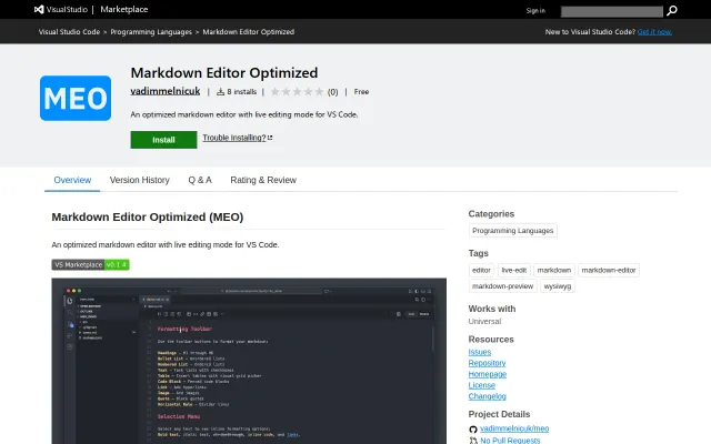 MEO – a Markdown editor for VS Code with live/source toggle