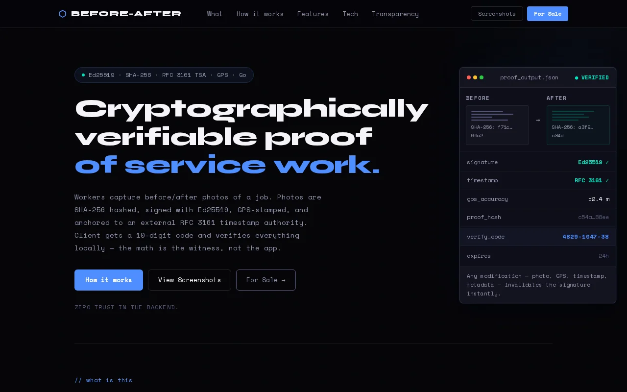 Landing page for a before/after proof-of-work app; feedback wanted