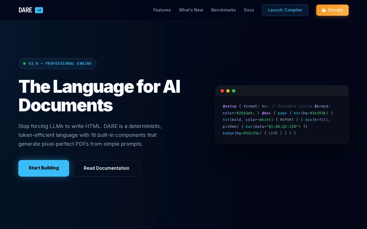 Dare v2 – A token-efficient, AI-native language for PDF generation