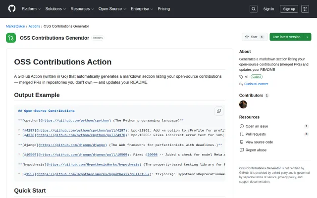 GitHub Action to list merged OSS PRs in your README