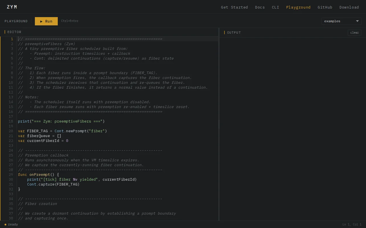 Zym, embeddable script lang with continuations, preemption, mem control
