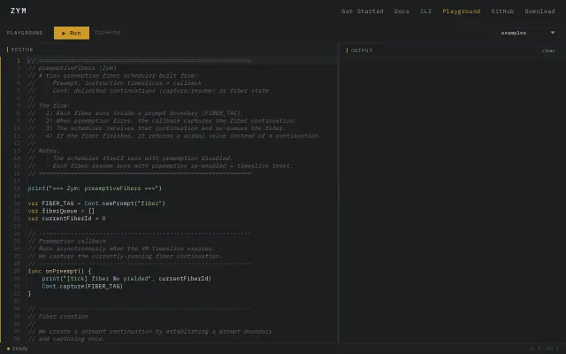 Zym, embeddable script lang with continuations, preemption, mem control