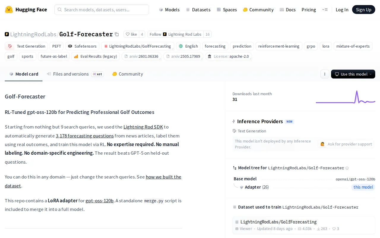 Open-source LLM and dataset for sports forecasting (Pro Golf)