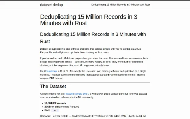 Fastdedup – Rust dataset deduplication (2:55 vs. 7:55 688MB vs. 22GB)