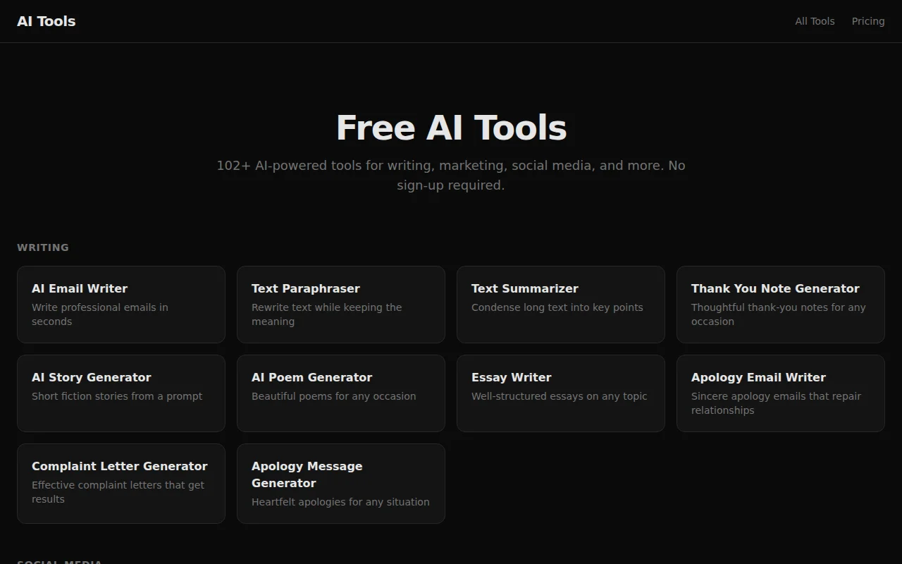 Free AI-Powered Tools (writing, SEO, marketing, dev tools)