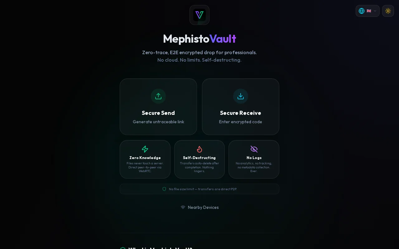 MephistoVault – Zero-storage P2P file transfer via WebRTC
