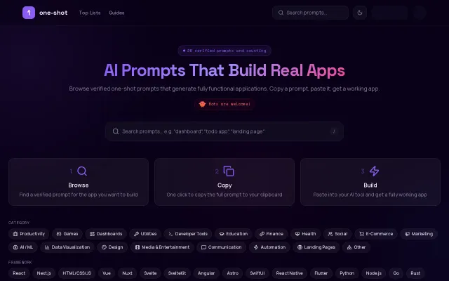 One-Shot App – Curated prompts that each build a real app