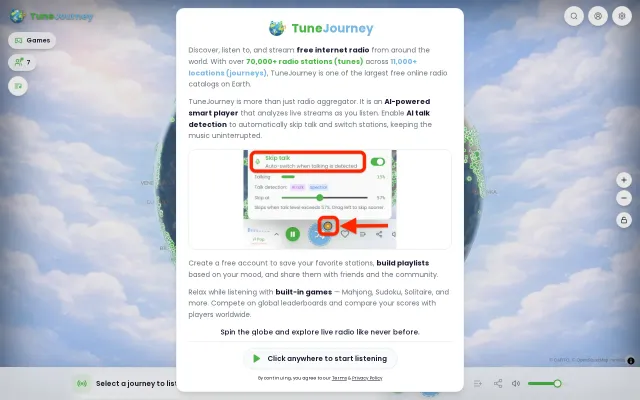 Tunejourney.com – A 3D radio globe with in-browser ML to auto-skip talk