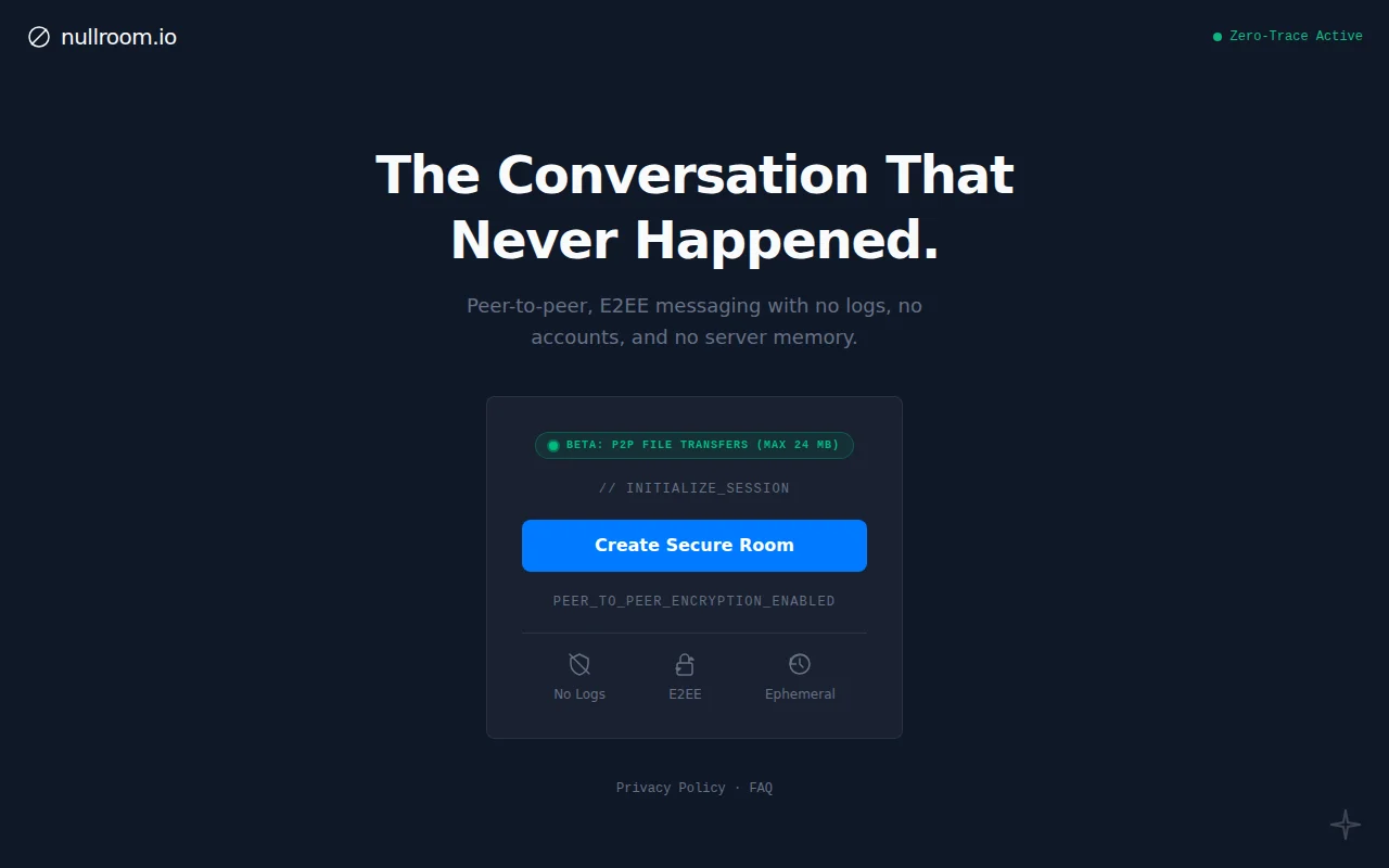 Nullroom.io – Experimental, stateless P2P messaging and file sharing