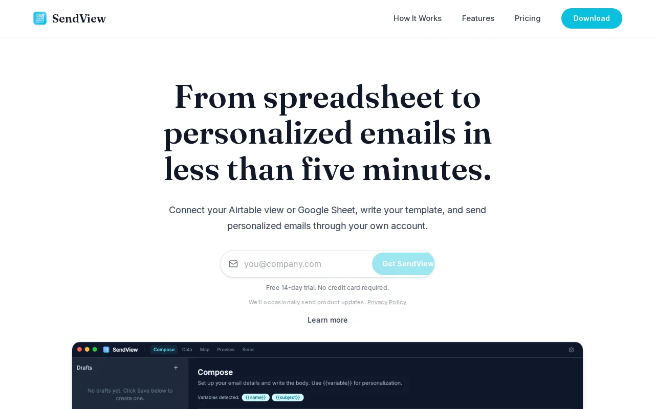 SendView – Mail merge from Airtable/GSheets, sends through your email