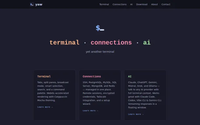 Yaw: terminal, SSH/database connections, AI Chat and optimized AI CLI